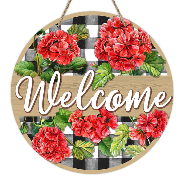 Welcome Spring Summer Geranium Flower Front Door Sign, Red Floral Buffalo Plaid Check Wood Door Hanger Outdoor Outside Porch Decor