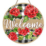 Welcome Spring Summer Geranium Flower Front Door Sign, Red Floral Buffalo Plaid Check Wood Door Hanger Outdoor Outside Porch Decor