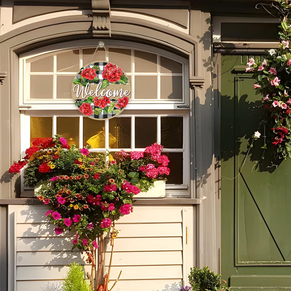 Welcome Spring Summer Geranium Flower Front Door Sign, Red Floral Buffalo Plaid Check Wood Door Hanger Outdoor Outside Porch Decor