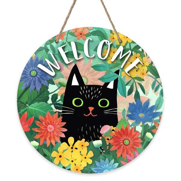 Welcome Spring Black Cat Sign for Front Door Decor, Daisy Flowers Floral Wood Door Hanger for Outdoor Outside Porch