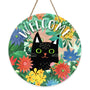 Welcome Spring Black Cat Sign for Front Door Decor, Daisy Flowers Floral Wood Door Hanger for Outdoor Outside Porch