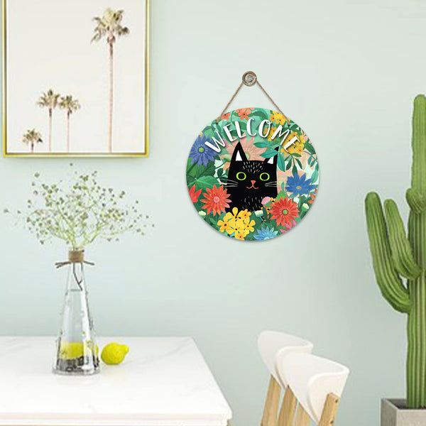 Welcome Spring Black Cat Sign for Front Door Decor, Daisy Flowers Floral Wood Door Hanger for Outdoor Outside Porch