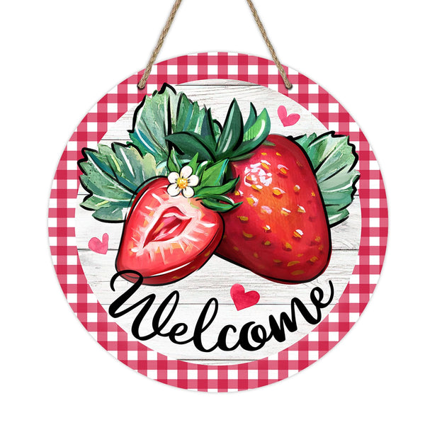 Welcome Spring Summer Strawberry Front Door Sign, Red Fruit Plaid Check Wood Door Hanger Outdoor Outside Porch Decor