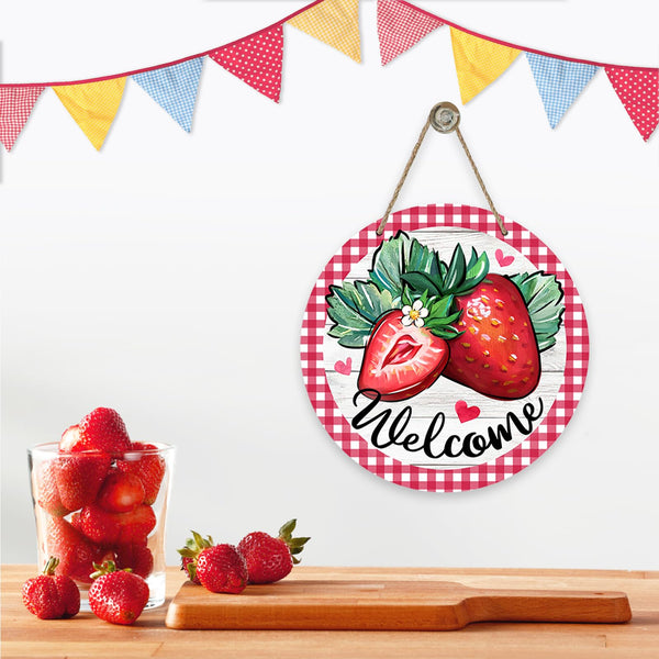 Welcome Spring Summer Strawberry Front Door Sign, Red Fruit Plaid Check Wood Door Hanger Outdoor Outside Porch Decor