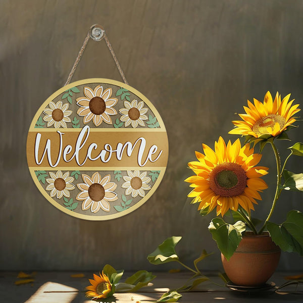 Welcome Sunflower Front Door Sign, Spring Summer Yellow Flower Wood Hanger Outdoor Outside Porch Home Decor