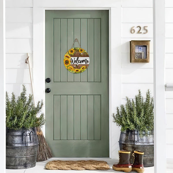 Welcome Spring Summer Sunflower Front Door Sign, Flower Bumble Bee Wood Door Hanger Outdoor Outside Porch Decor, Floral Honey Farmhouse