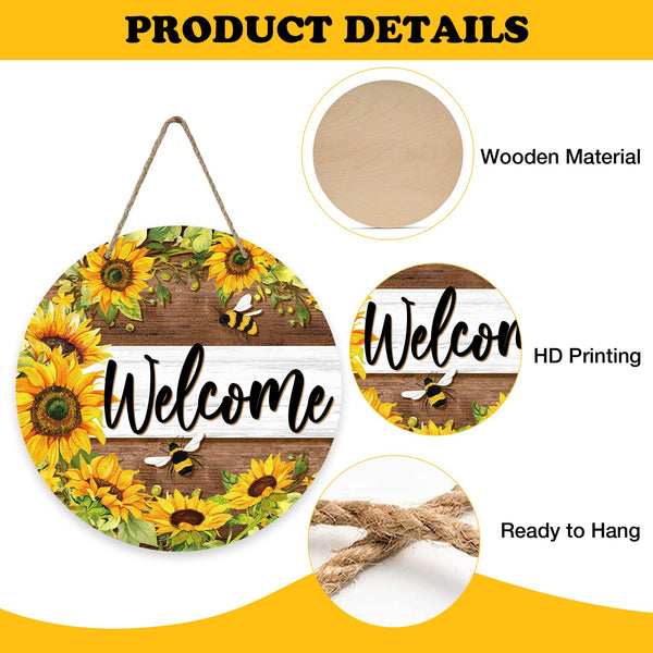 Welcome Spring Summer Sunflower Front Door Sign, Flower Bumble Bee Wood Door Hanger Outdoor Outside Porch Decor, Floral Honey Farmhouse