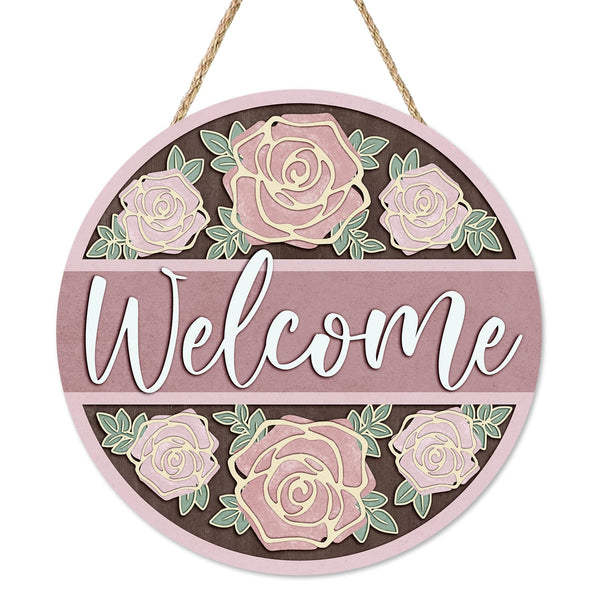 Welcome Pink Rose Flower Front Door Sign, Floral Wood Hanger Outdoor Outside Porch Home Decor, Spring Summer Wooden Wreath