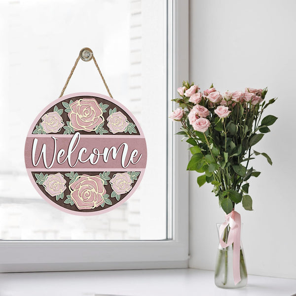 Welcome Pink Rose Flower Front Door Sign, Floral Wood Hanger Outdoor Outside Porch Home Decor, Spring Summer Wooden Wreath