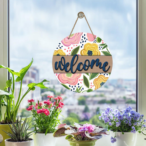 Welcome Spring Summer Flower Front Door Sign, Pink Yellow Floral Wood Door Hanger Outdoor Outside Porch Decor