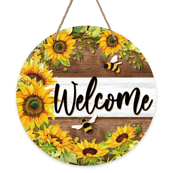 Welcome Spring Summer Sunflower Front Door Sign, Flower Bumble Bee Wood Door Hanger Outdoor Outside Porch Decor, Floral Honey Farmhouse