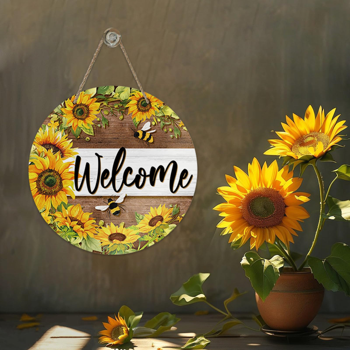 Welcome Spring Summer Sunflower Front Door Sign, Flower Bumble Bee Wood Door Hanger Outdoor Outside Porch Decor, Floral Honey Farmhouse