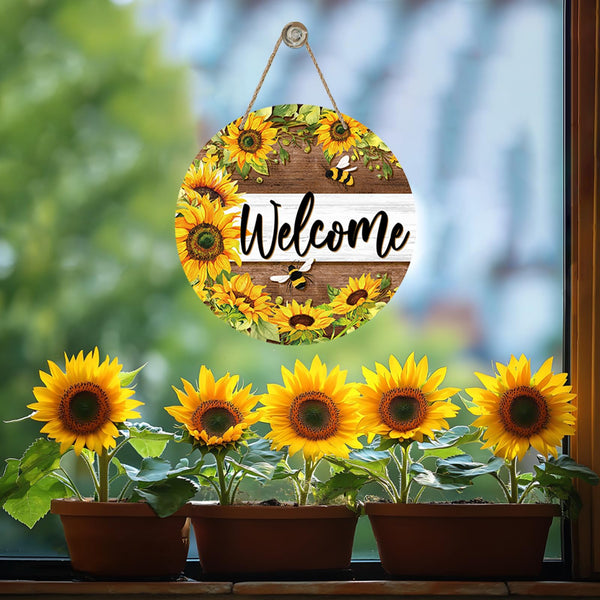 Welcome Spring Summer Sunflower Front Door Sign, Flower Bumble Bee Wood Door Hanger Outdoor Outside Porch Decor, Floral Honey Farmhouse