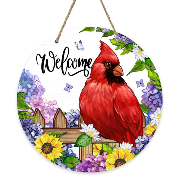 Welcome Spring Summer Cardinal Front Door Sign, Red Bird Hydrangea Sunflower Wood Door Hanger Outdoor Outside Porch Decor