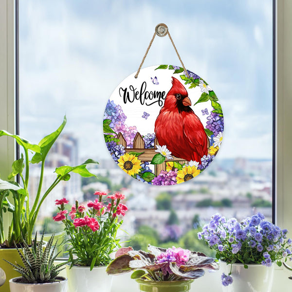 Welcome Spring Summer Cardinal Front Door Sign, Red Bird Hydrangea Sunflower Wood Door Hanger Outdoor Outside Porch Decor