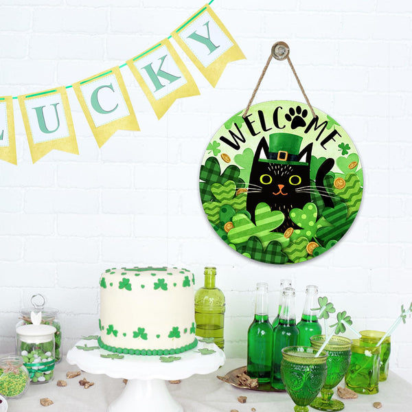 Welcome St. Patrick's Day Black Cat Front Door Sign, Shamrock Clover Top Hat Wood Door Hanger Outdoor Outside Porch Decor