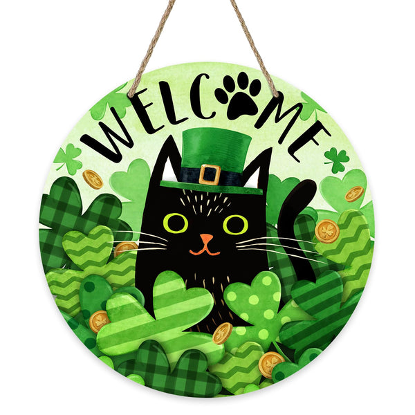 Welcome St. Patrick's Day Black Cat Front Door Sign, Shamrock Clover Top Hat Wood Door Hanger Outdoor Outside Porch Decor