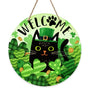 Welcome St. Patrick's Day Black Cat Front Door Sign, Shamrock Clover Top Hat Wood Door Hanger Outdoor Outside Porch Decor