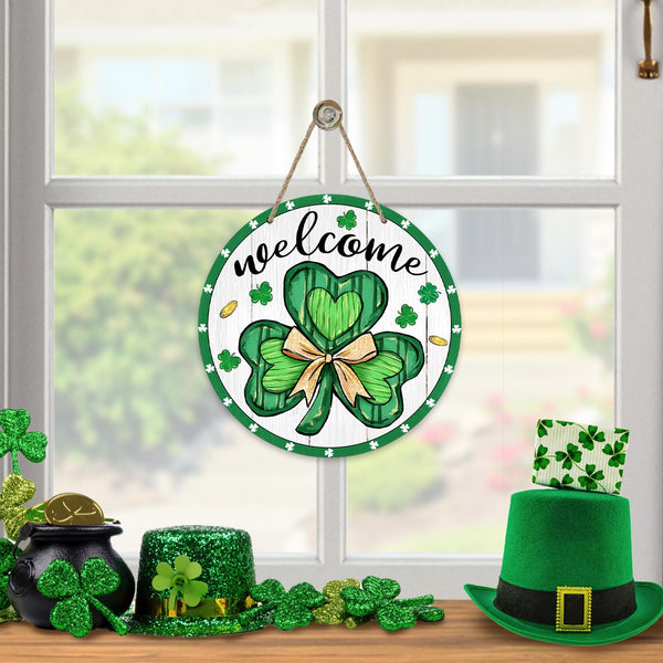 Welcome St. Patrick's Day Clover Front Door Sign, Shamrock Farmhouse Wood Door Hanger Outdoor Porch Decor