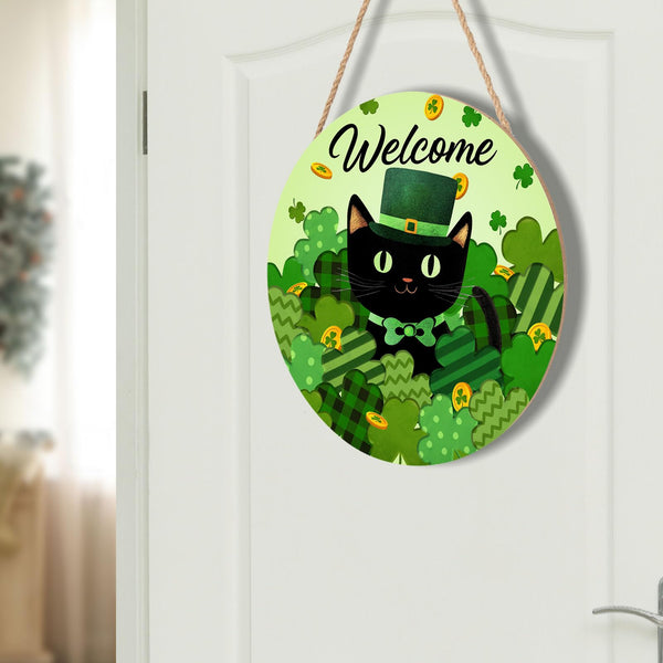 Welcome St. Patrick's Day Green Shamrock Clover Door Sign For Front Door Decor,Black Cat Gold Coins Irish Wooden Sign 8"x 8"