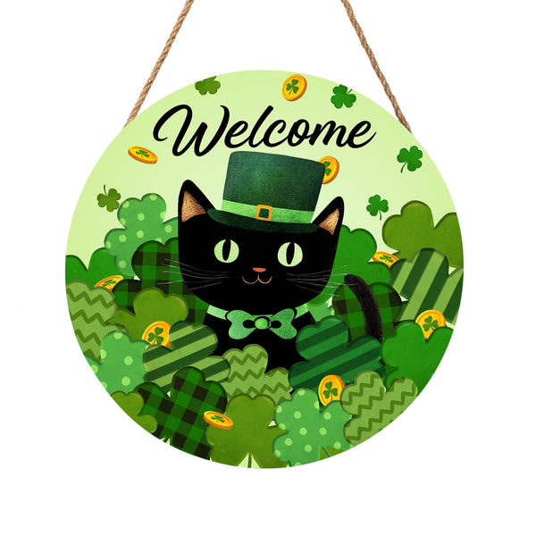 Welcome St. Patrick's Day Green Shamrock Clover Door Sign For Front Door Decor,Black Cat Gold Coins Irish Wooden Sign 8"x 8"