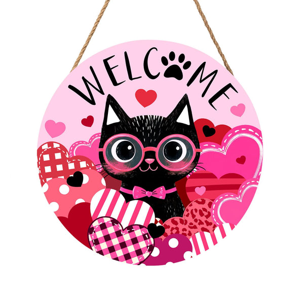Welcome Valentine's Day Black Cat Door Sign For Front Door Decor,Pink Love Heart Wooden Sign 8"x 8" Round Wood Hanging Door Sign