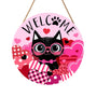 Welcome Valentine's Day Black Cat Door Sign For Front Door Decor,Pink Love Heart Wooden Sign 8"x 8" Round Wood Hanging Door Sign