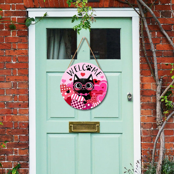 Welcome Valentine's Day Black Cat Door Sign For Front Door Decor,Pink Love Heart Wooden Sign 8"x 8" Round Wood Hanging Door Sign