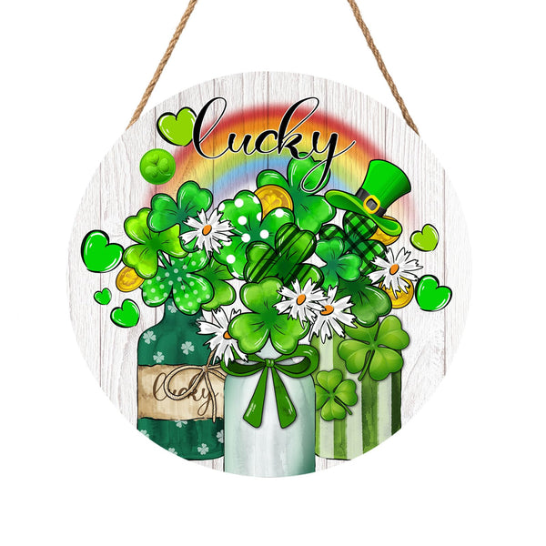 St. Patrick's Day Lucky Green Clover Door Sign For Front Door Decor,Shamrock Mason Jar Rainbow Wooden Sign