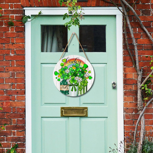 St. Patrick's Day Lucky Green Clover Door Sign For Front Door Decor,Shamrock Mason Jar Rainbow Wooden Sign