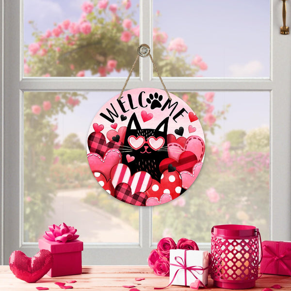 Welcome Valentine's Day Black Cat Front Door Sign, Kitty Pink Red Love Heart Wood Door Hanger Outdoor Outside Porch Decor