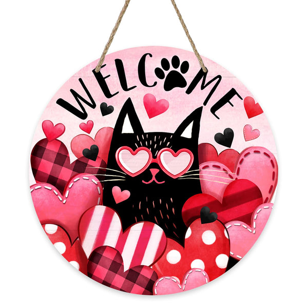 Welcome Valentine's Day Black Cat Front Door Sign, Kitty Pink Red Love Heart Wood Door Hanger Outdoor Outside Porch Decor