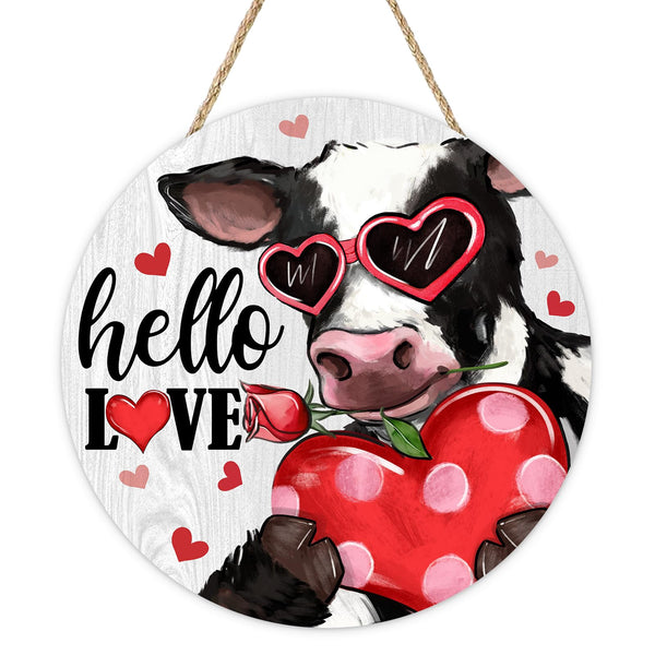 Valentines Day Cow Front Door Sign, Hello Love Red Hearts Farmhouse Wood Hanger Outdoor Outside Porch Home Decor