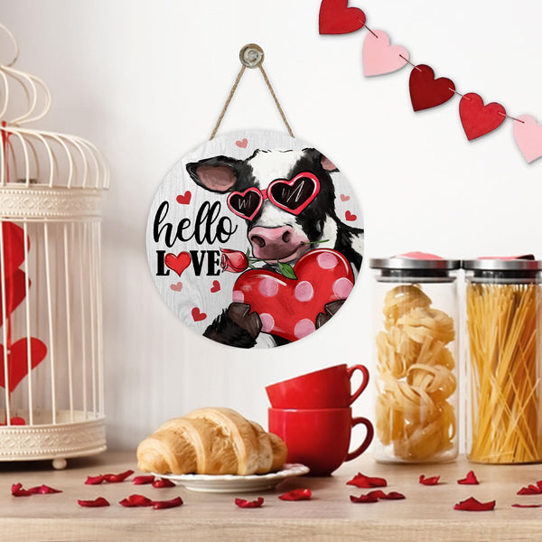 Valentines Day Cow Front Door Sign, Hello Love Red Hearts Farmhouse Wood Hanger Outdoor Outside Porch Home Decor