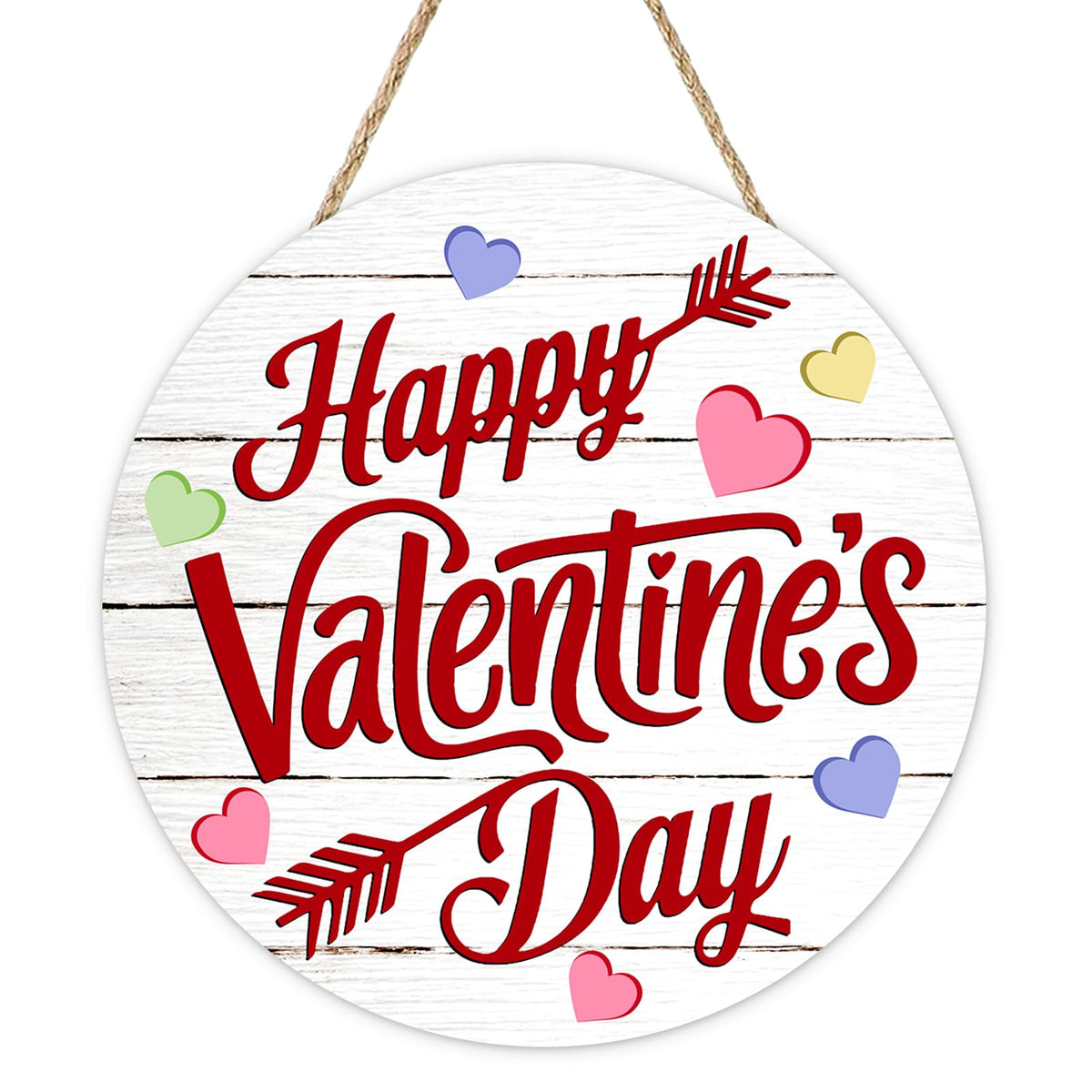 Happy Valentines Day Front Door Sign, Colorful Love Heart Arrow Farmhouse Wood Hanger Outdoor Outside Porch Home Decor