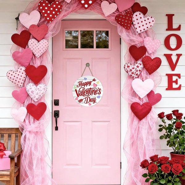 Happy Valentines Day Front Door Sign, Colorful Love Heart Arrow Farmhouse Wood Hanger Outdoor Outside Porch Home Decor