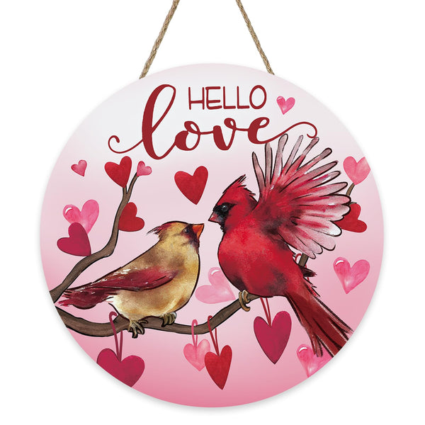 Valentines Day Cardinal Birds Front Door Sign, Hello Love Red Pink Hearts Wood Plaque Hanger Outdoor Outside Porch Home Decor