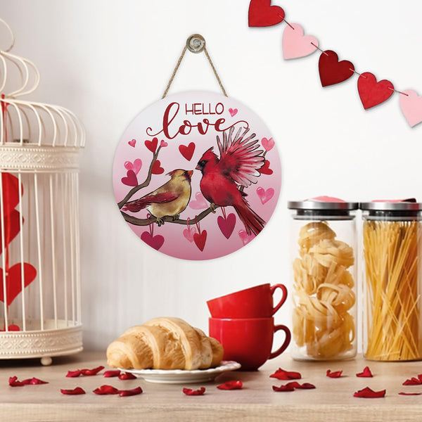 Valentines Day Cardinal Birds Front Door Sign, Hello Love Red Pink Hearts Wood Plaque Hanger Outdoor Outside Porch Home Decor