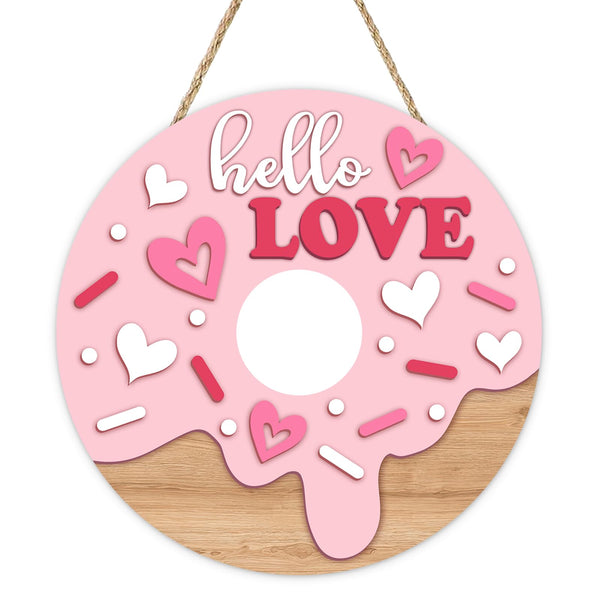 Valentines Day Donut Front Door Sign, Hello Love Cute Pink Heart Dessert Wood Hanger Outdoor Porch Home Decor