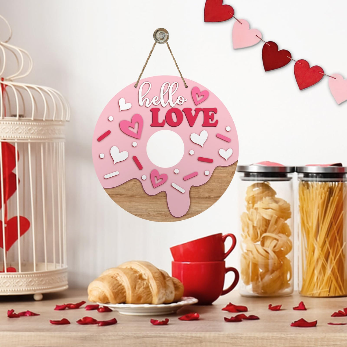 Valentines Day Donut Front Door Sign, Hello Love Cute Pink Heart Dessert Wood Hanger Outdoor Porch Home Decor