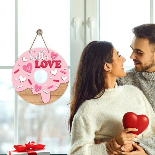 Valentines Day Donut Front Door Sign, Hello Love Cute Pink Heart Dessert Wood Hanger Outdoor Porch Home Decor