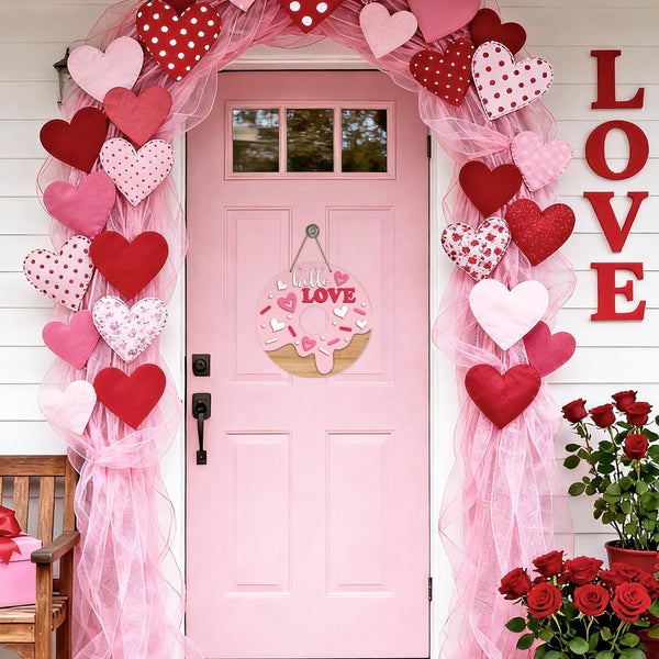 Valentines Day Donut Front Door Sign, Hello Love Cute Pink Heart Dessert Wood Hanger Outdoor Porch Home Decor