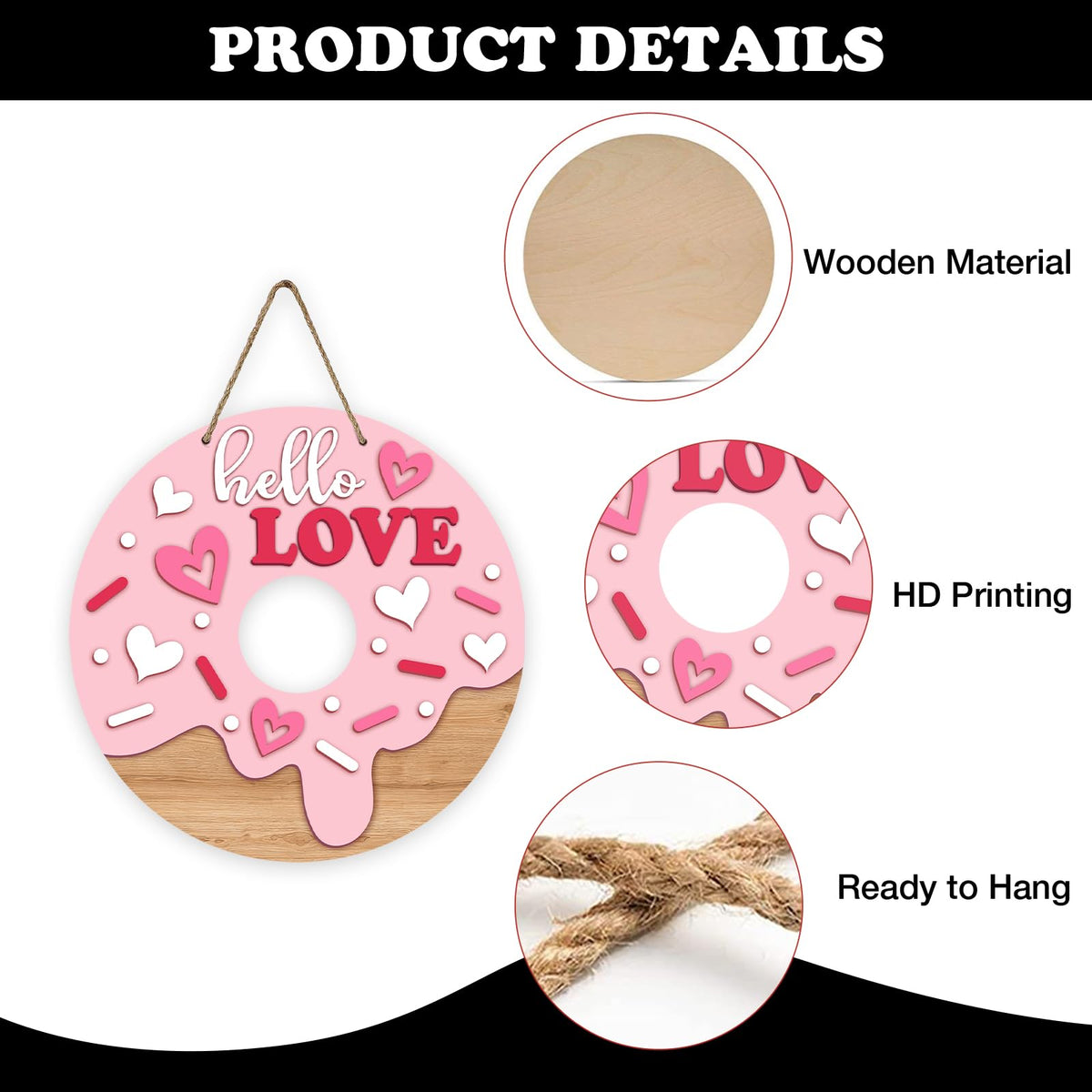 Valentines Day Donut Front Door Sign, Hello Love Cute Pink Heart Dessert Wood Hanger Outdoor Porch Home Decor