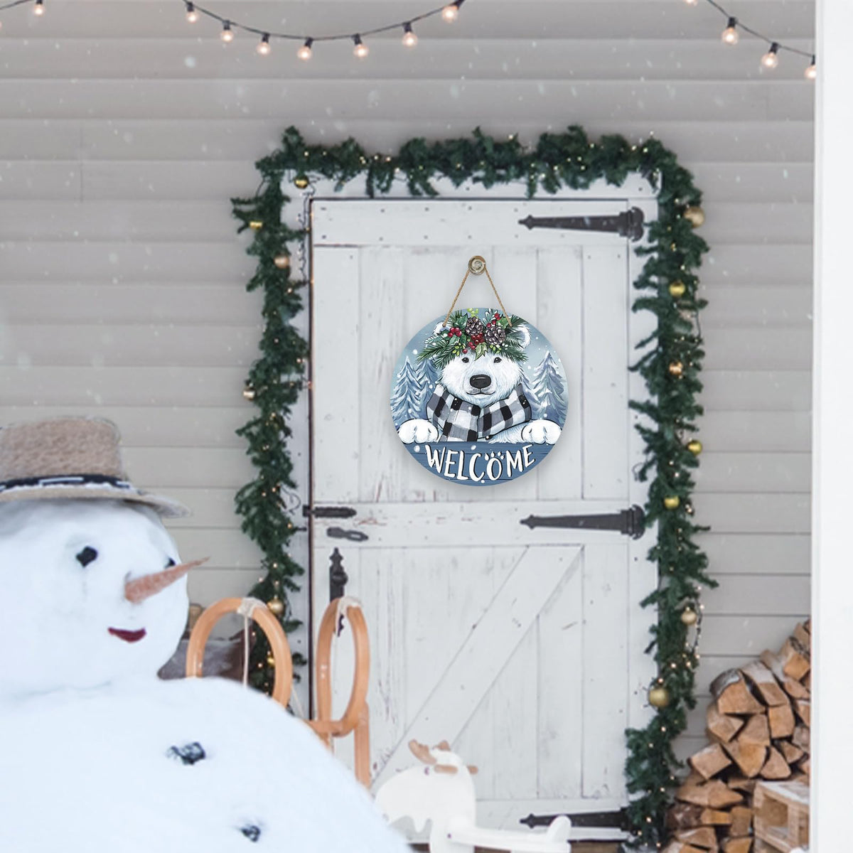 Welcome Winter Polar Bear Front Door Sign, White Bear Pine Tree Snowy Wood Door Hanger Outdoor Outside Porch Decor