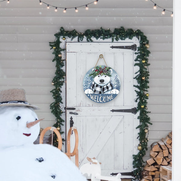 Welcome Winter Polar Bear Front Door Sign, White Bear Pine Tree Snowy Wood Door Hanger Outdoor Outside Porch Decor