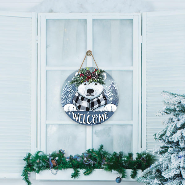 Welcome Winter Polar Bear Front Door Sign, White Bear Pine Tree Snowy Wood Door Hanger Outdoor Outside Porch Decor
