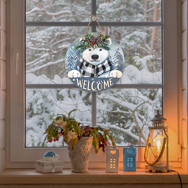 Welcome Winter Polar Bear Front Door Sign, White Bear Pine Tree Snowy Wood Door Hanger Outdoor Outside Porch Decor