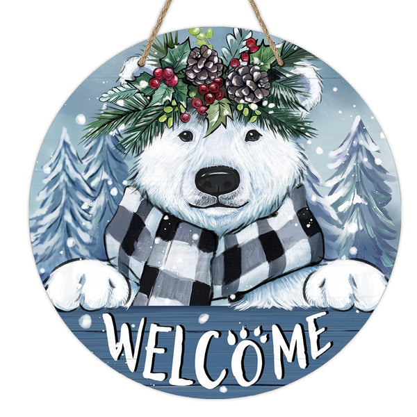 Welcome Winter Polar Bear Front Door Sign, White Bear Pine Tree Snowy Wood Door Hanger Outdoor Outside Porch Decor