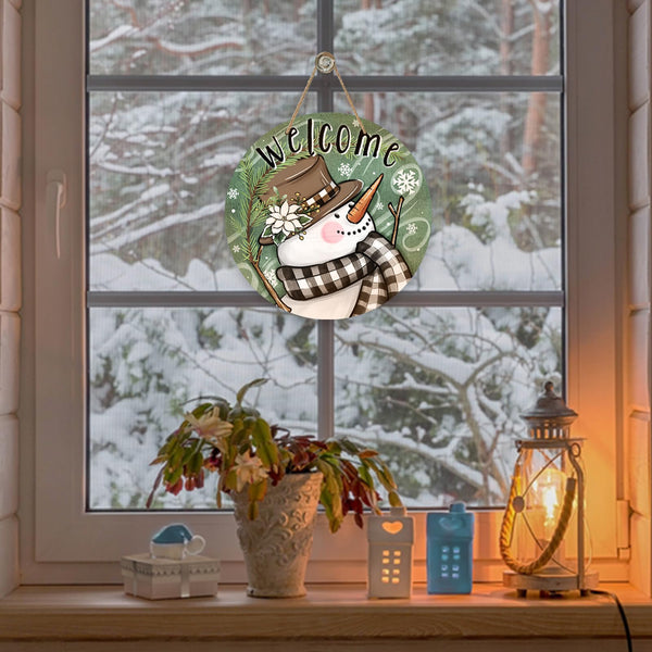 Welcome Winter Snowman Green Front Door Sign, Buffalo Plaid Pine Branch Wood Door Hanger Outdoor Outside Porch Decor