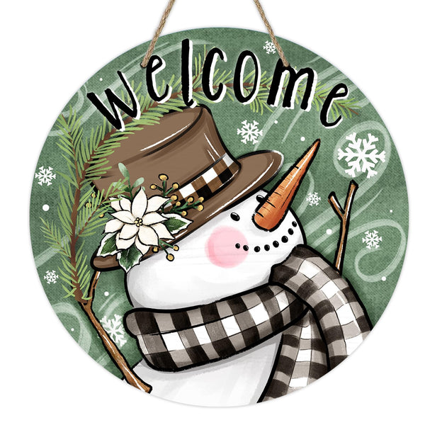 Welcome Winter Snowman Green Front Door Sign, Buffalo Plaid Pine Branch Wood Door Hanger Outdoor Outside Porch Decor
